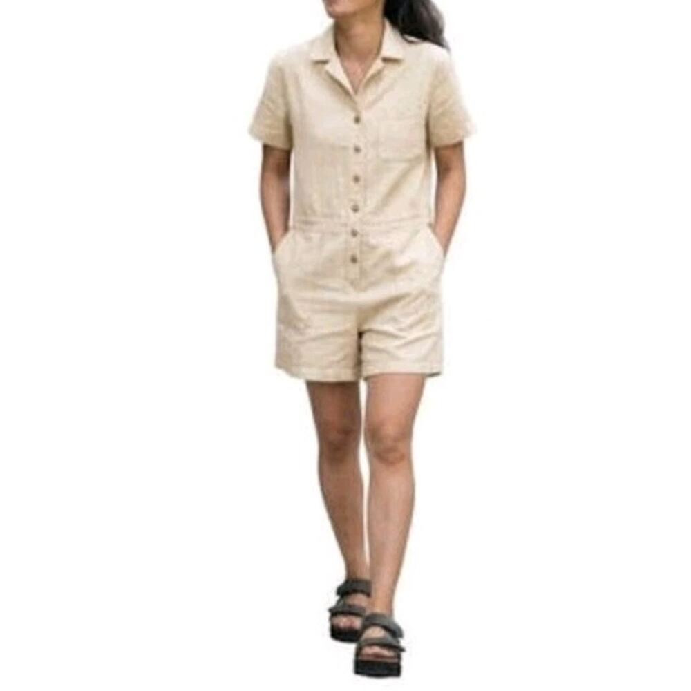 NEW Eddie Bauer Hemplify Utility Romper Size L Ecru Short Sleeve Relaxed Fit